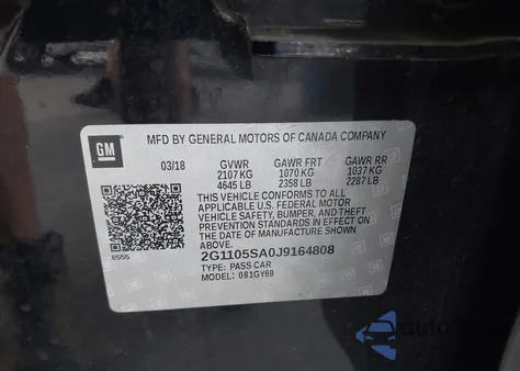 2018 Chevrolet Impala 1Lt z USA, uszkodzony, nr VIN 2G1105SA0J9164808